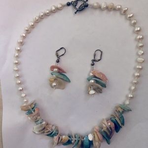 Handmade pearl and shell necklace and earrings